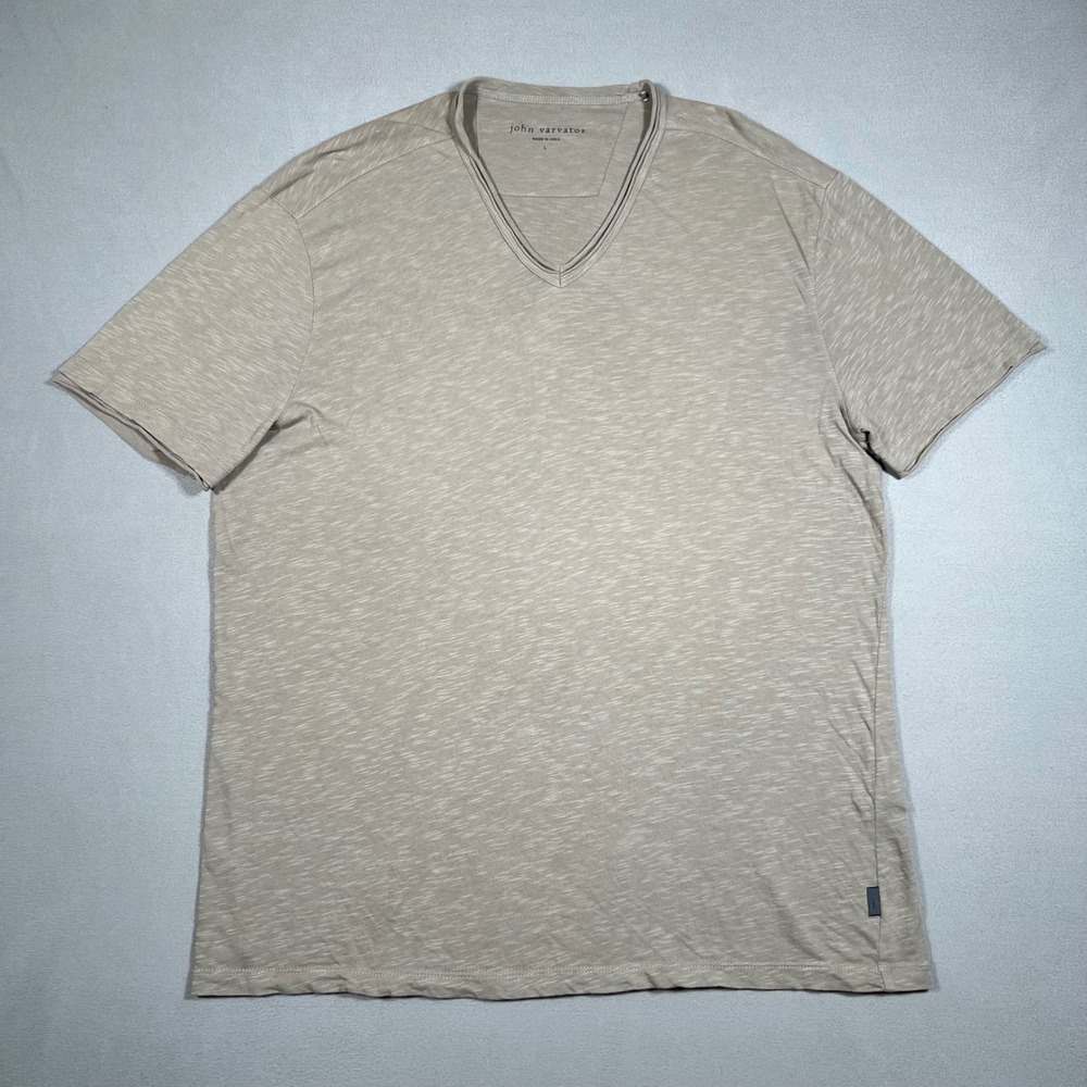 John Varvatos Mens Tan Slub Knit Organic Cotton V-Neck T-Shirt Large Luxury